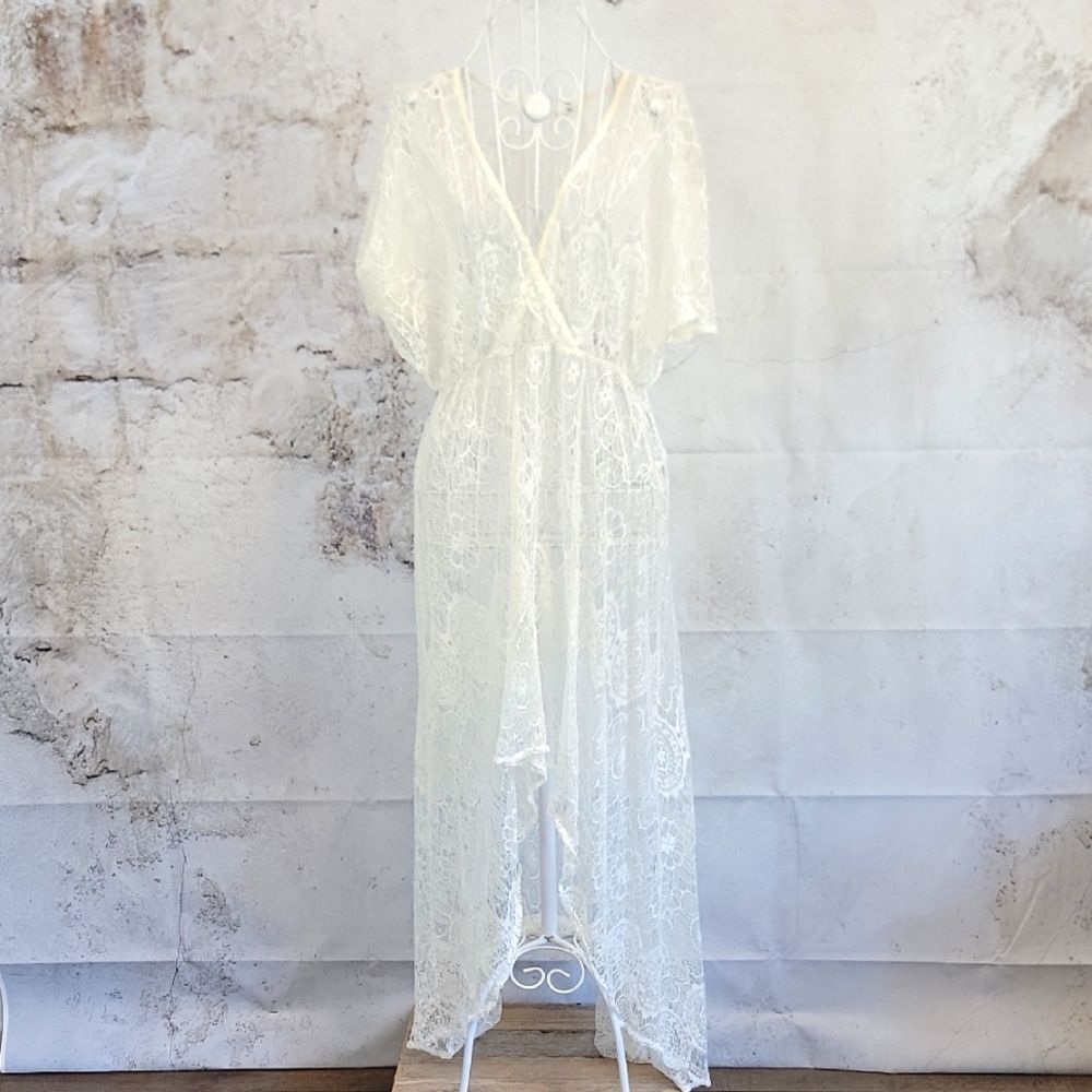 Lush Ivory Lace Asymmetrical Maxi Dress
